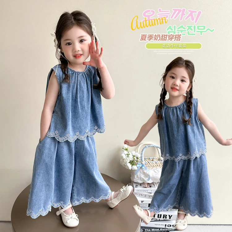 套装休闲夏季女童中小童儿童蕾丝牛仔洋气女宝无袖韩版奶甜薄款