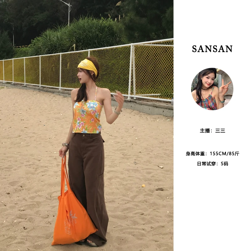 【三三】（焦糖摩卡）夏季新款百搭拖地薄咖色工装裤休闲长裤女