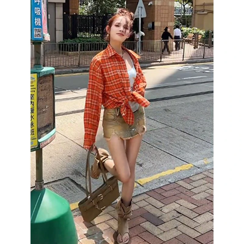 小众设计气质宽松休闲格纹长袖衬衫2025夏季新款百搭高级上衣女装