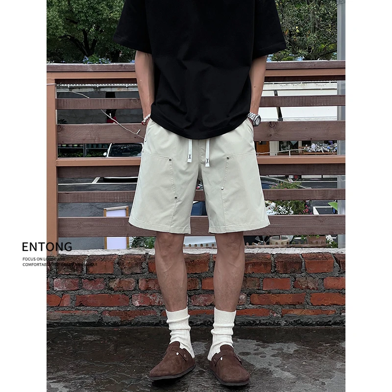 Entong潮牌街头美式薄款铆钉速干凉感宽松伐木休闲短裤男生五分裤