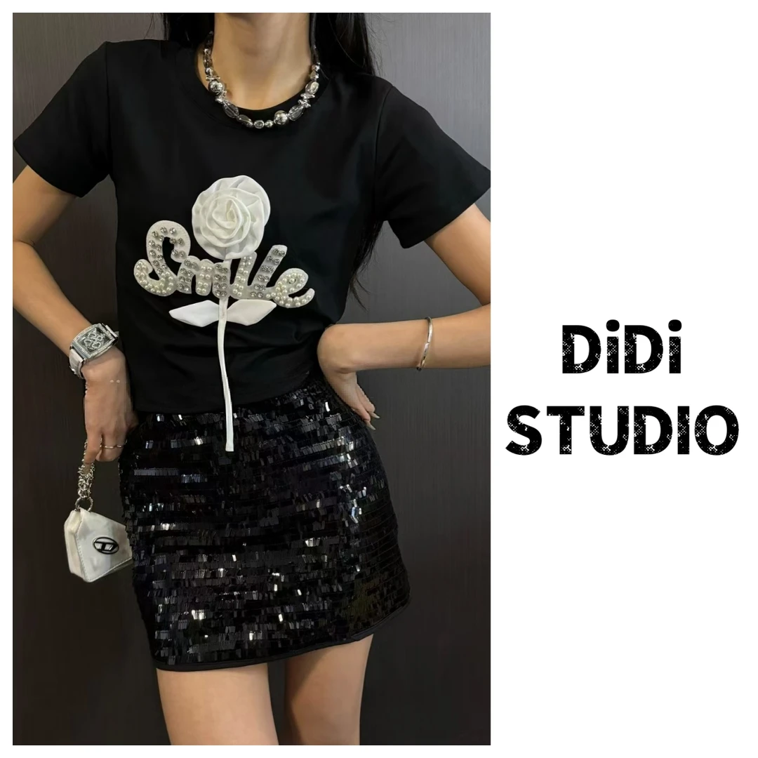 夏季时尚百搭重工玫瑰花刺绣圆领显瘦T恤