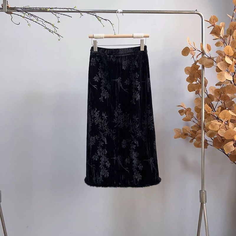 3091《雪染桃枝》冬季新中式丝绒提花半身裙后开叉显瘦长裙