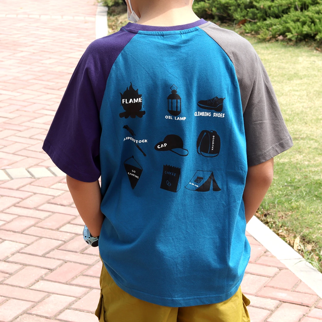 儿童山系纯棉拼接色户外工具T恤运动洋气休闲夏季宽松中大童半袖