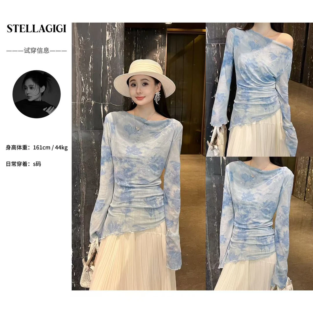 SG / 郭幂幂 SS 花朵烫钻 双面穿喇叭袖不规则上衣T-20250197