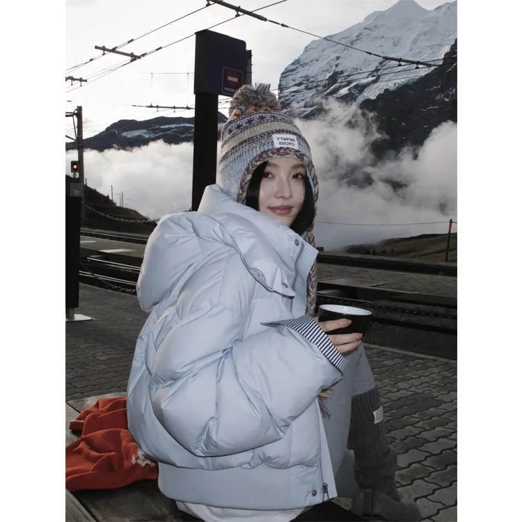 蓝色连帽羽绒服女冬季2025宽松加厚棉衣袄立领90白鸭绒面包服外套