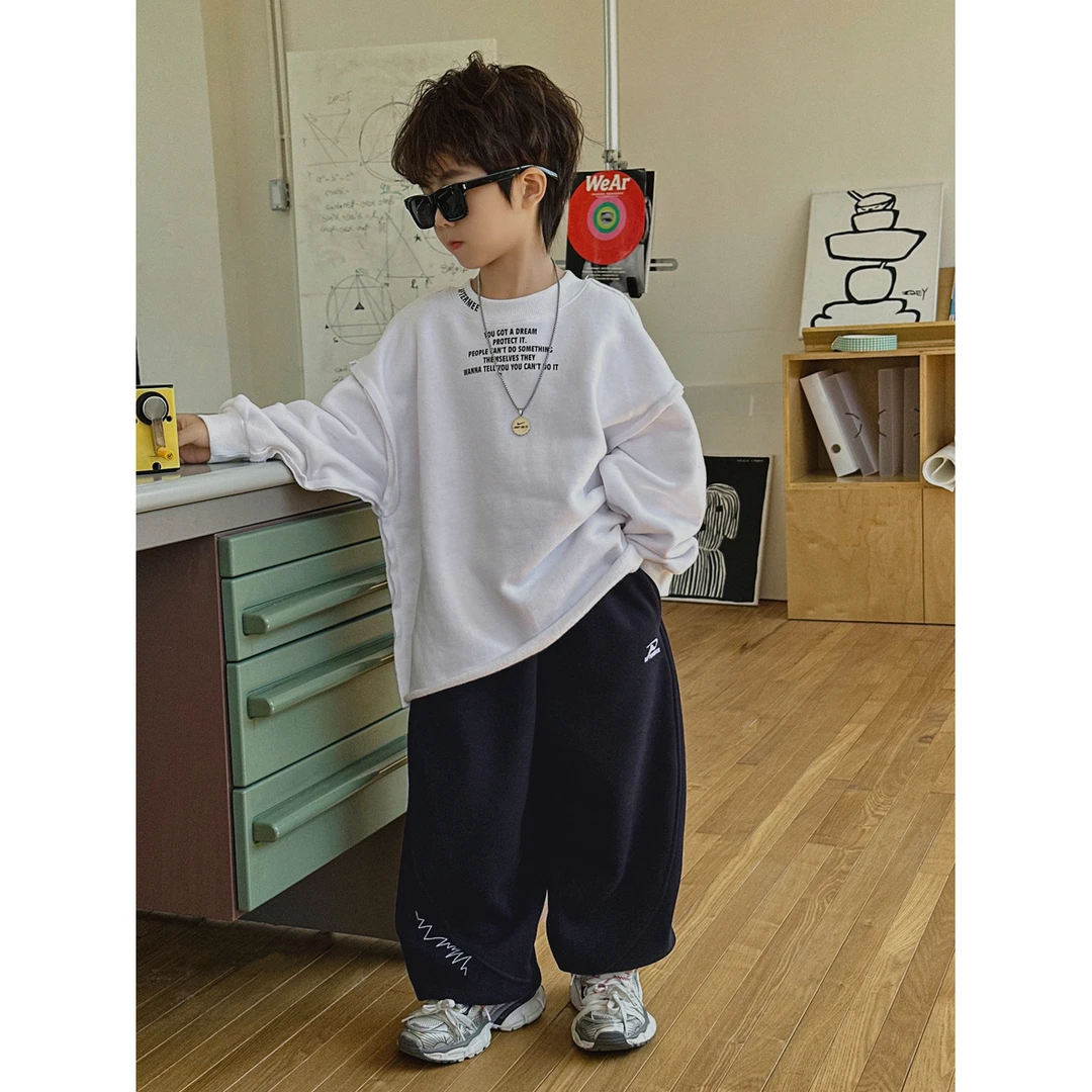 【Tang小白】2025冬季新款绣线加绒卫裤保暖运动裤男童宽松束脚长裤