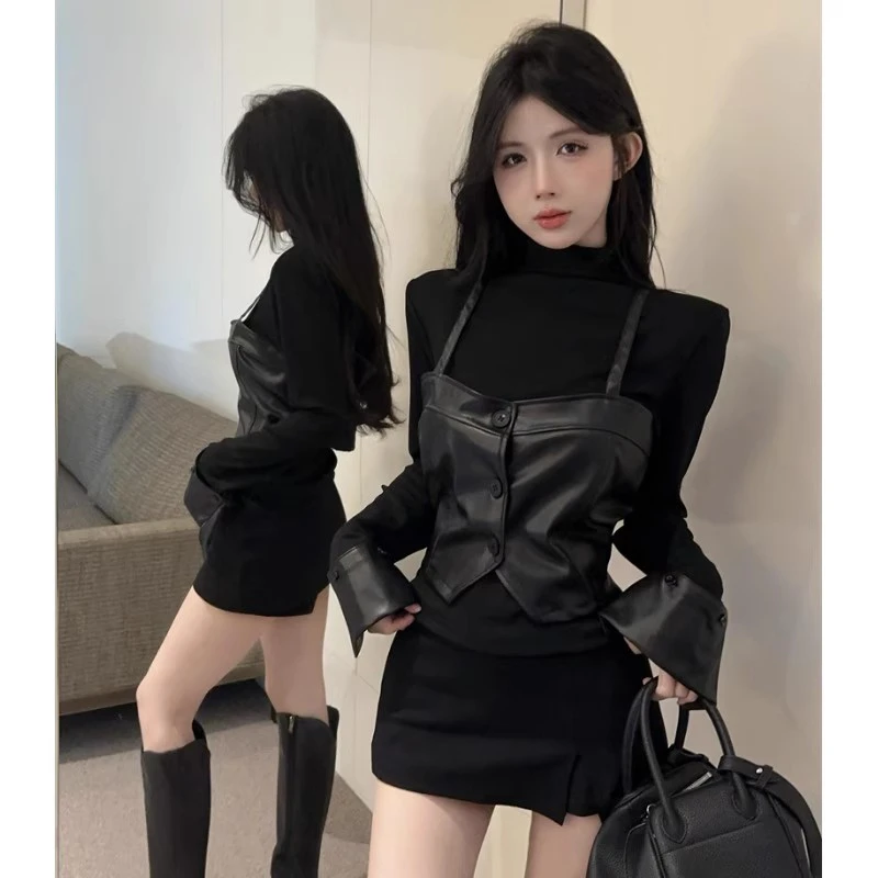 美式辣妹辣妹高领修身打底T恤女装秋冬皮革单排扣吊带上衣两件套