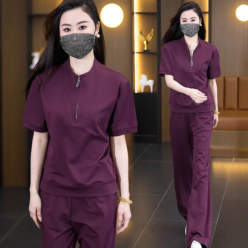 休闲时尚运动服夏季2025新款时尚宽松简约修身短袖休闲立领两件套