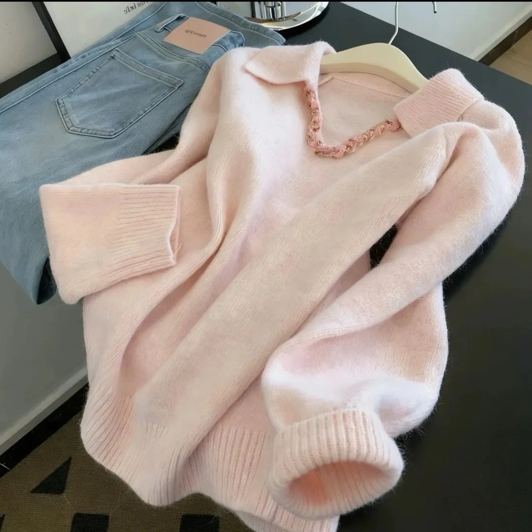 粉色加厚针织衫毛衣女秋冬高级感内搭打底衫宽松慵懒风上衣