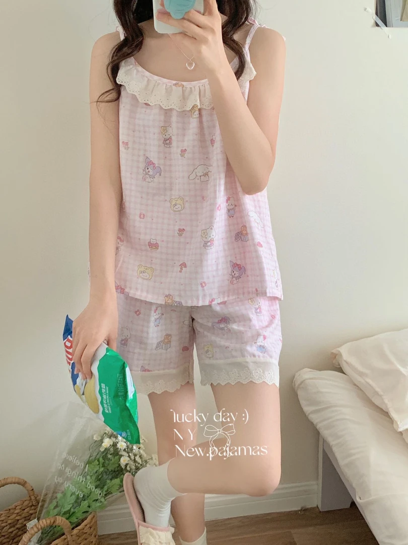 甜美风纯棉有氧纱吊带短裤 双层纱家居小件 ny23