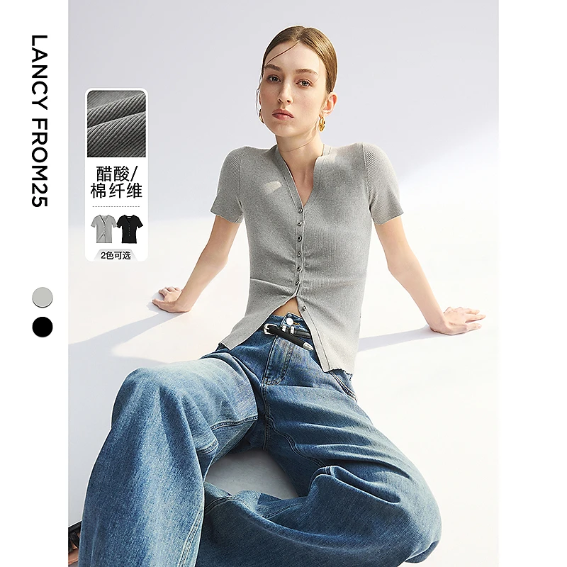 朗姿2025夏季新款二醋酸V领短袖针织开衫通勤醋纤修身优雅针织衫