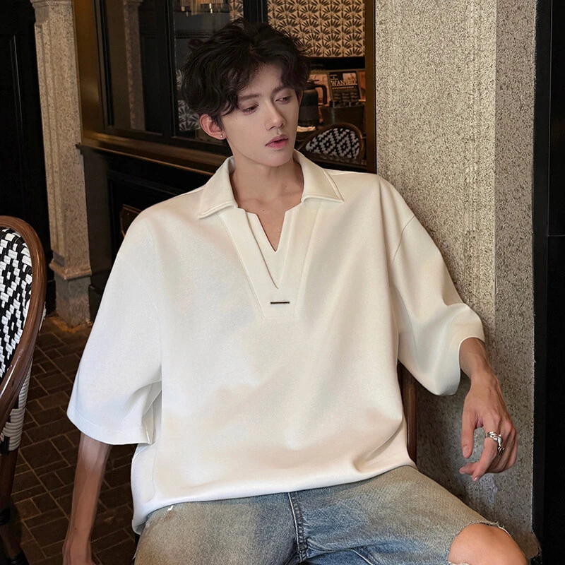 痞帅假两件V领短袖polo衫夏季cleanfit高街男士穿搭潮牌百搭半袖