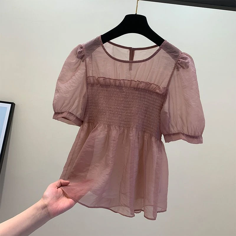 8477超仙网纱娃娃衫女夏新款法式收腰显瘦减龄木耳边雪纺衫上衣潮