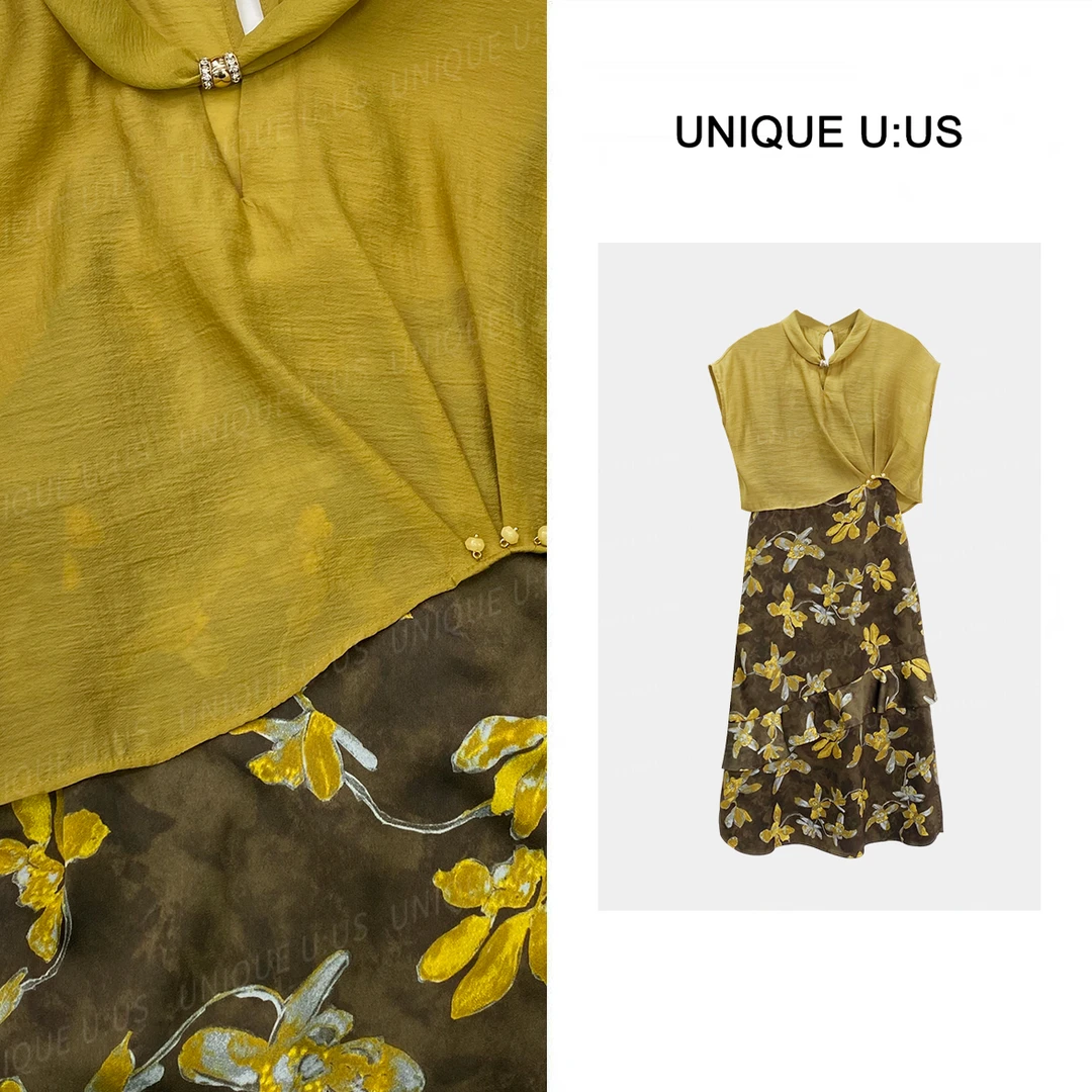 UNIQUE U:US【暮色】新款法式复古碎花不规则裙摆知性连衣裙251101