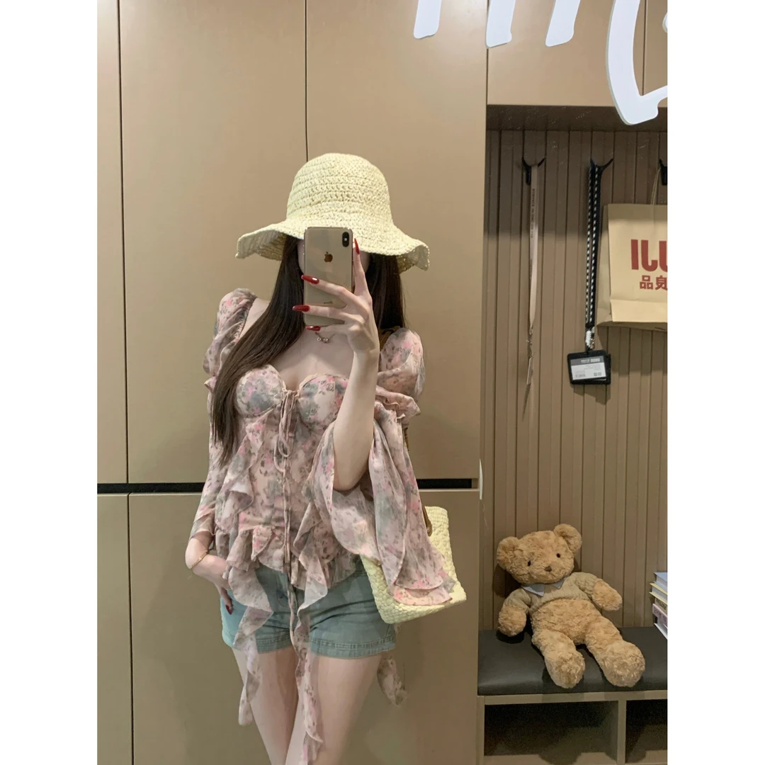 法式雪纺碎花衬衫女夏季绝美设计感小众不规则荷叶边衬衣气质上衣