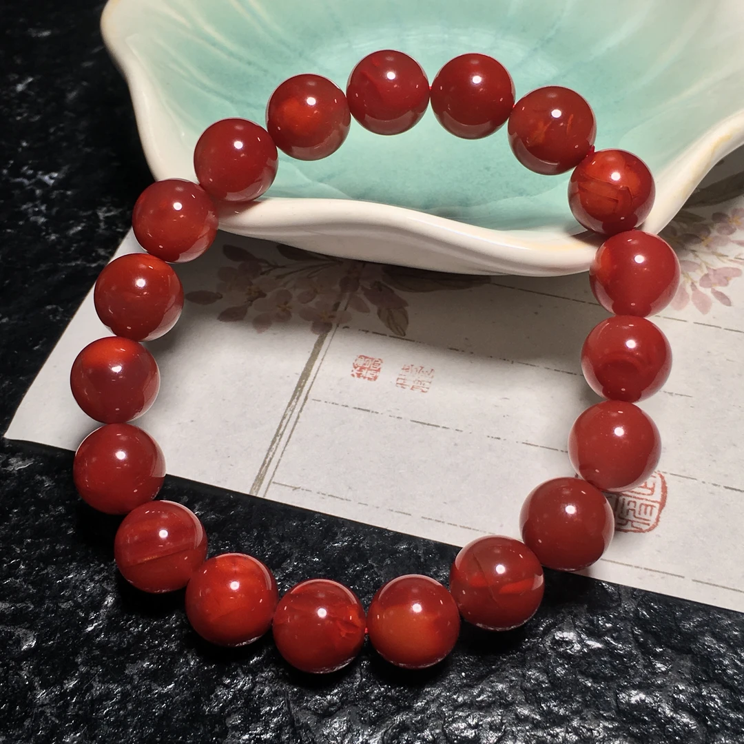 【朱锦南红】天然瓦西南红牛血红玫瑰红飘火焰纹单圈手串10mm+31.8g