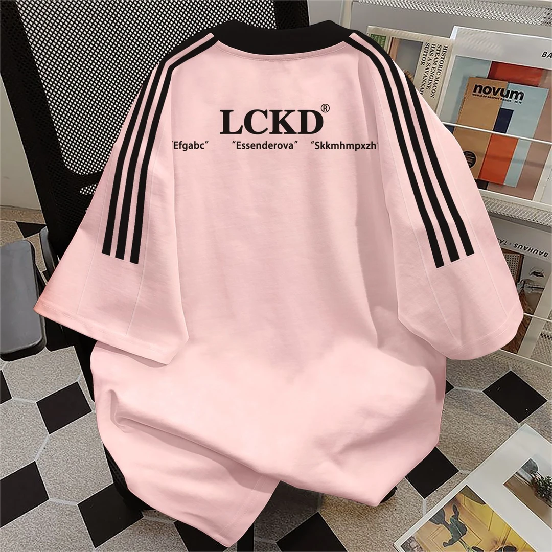 100%纯棉美式复古设计感字母印花三条杠短袖t恤男女夏季宽松上衣