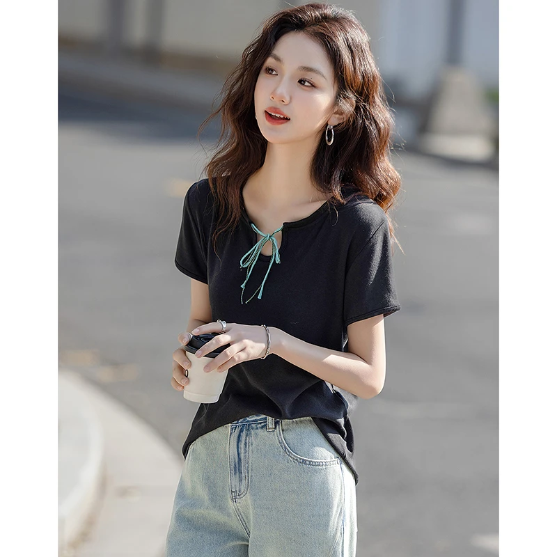 【时髦人专属】德·玛纳含云朵棉夏季气质系带领短袖打底衫落肩女t恤