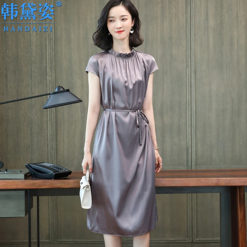 杭州重磅真丝连衣裙夏2025年新款系带显瘦桑蚕丝中长款短袖裙子夏
