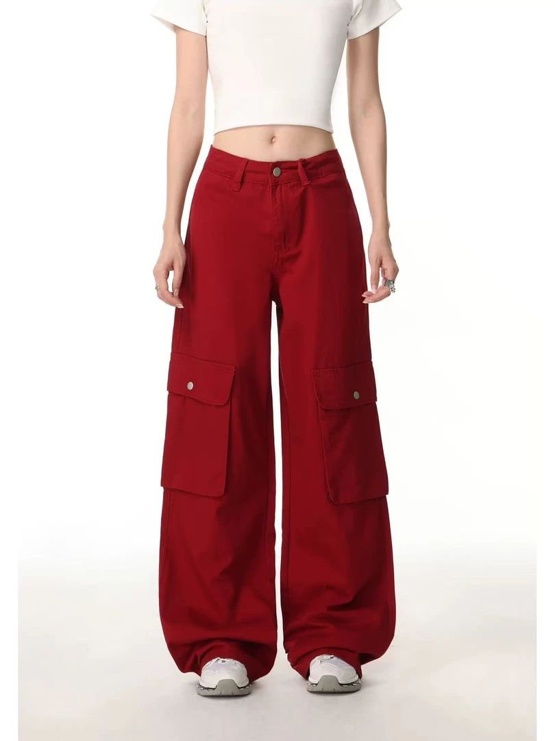 A7-2红色“纯色”侧口袋休闲裤（0338）