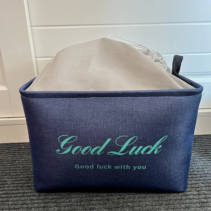 福利款蓝色亚麻带束口收纳筐，尺寸38*28*25h手工缝制误差1-2CM