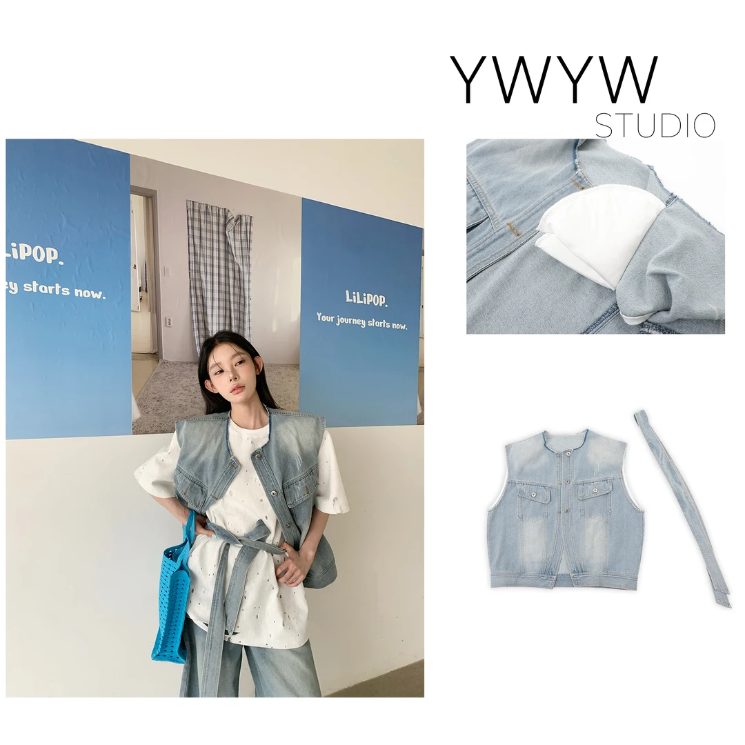 【YWYW25S/S】复古水洗做旧牛仔马甲外套+氛围感配饰小飘带3969
