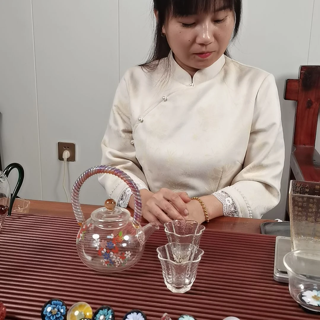 高硼硅玻璃手柄款花漫鱼影提梁壶配两支小杯