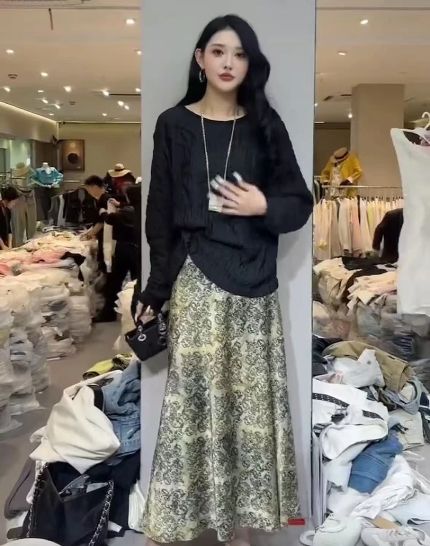 PW M腰66-90长91丝滑垂感高级复古绿度假风碎花显瘦半身裙 9899