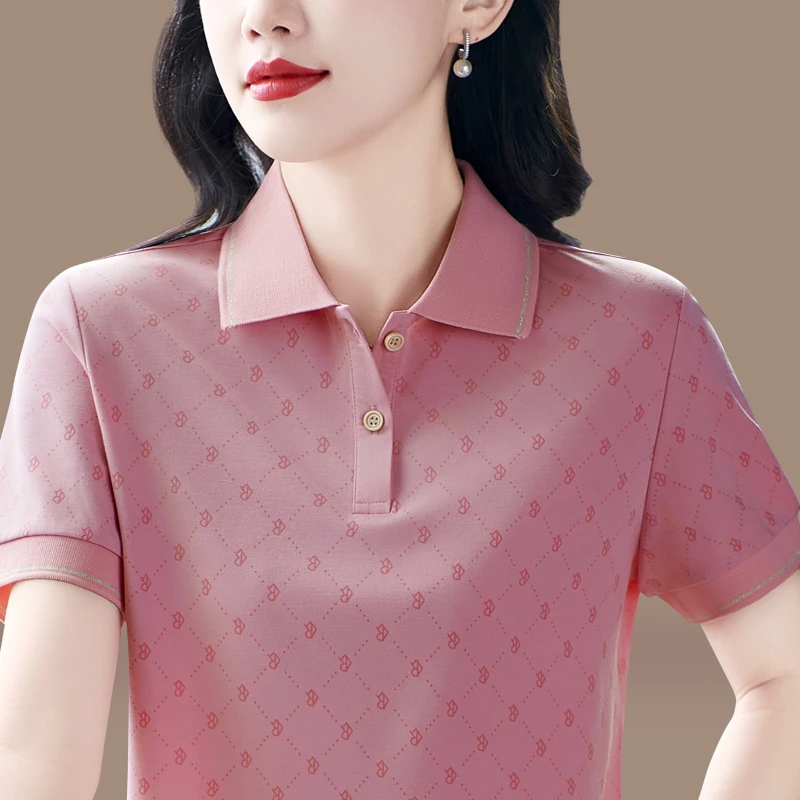 冰丝翻领短袖t恤女夏季新款中年妈妈宽松polo衫洋气显瘦上衣体恤