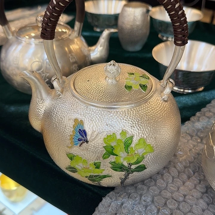 足银足银999银壶水壶蝴蝶珐琅款