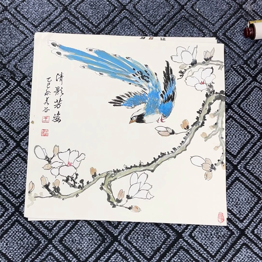 国画若谷老师三尺斗方卡纸花鸟旭