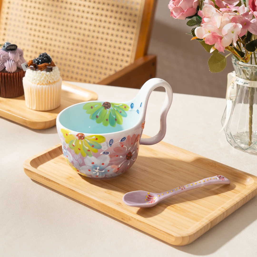 手绘釉下彩濑户烧紫色月季葫芦曲把杯早餐杯（配勺子）