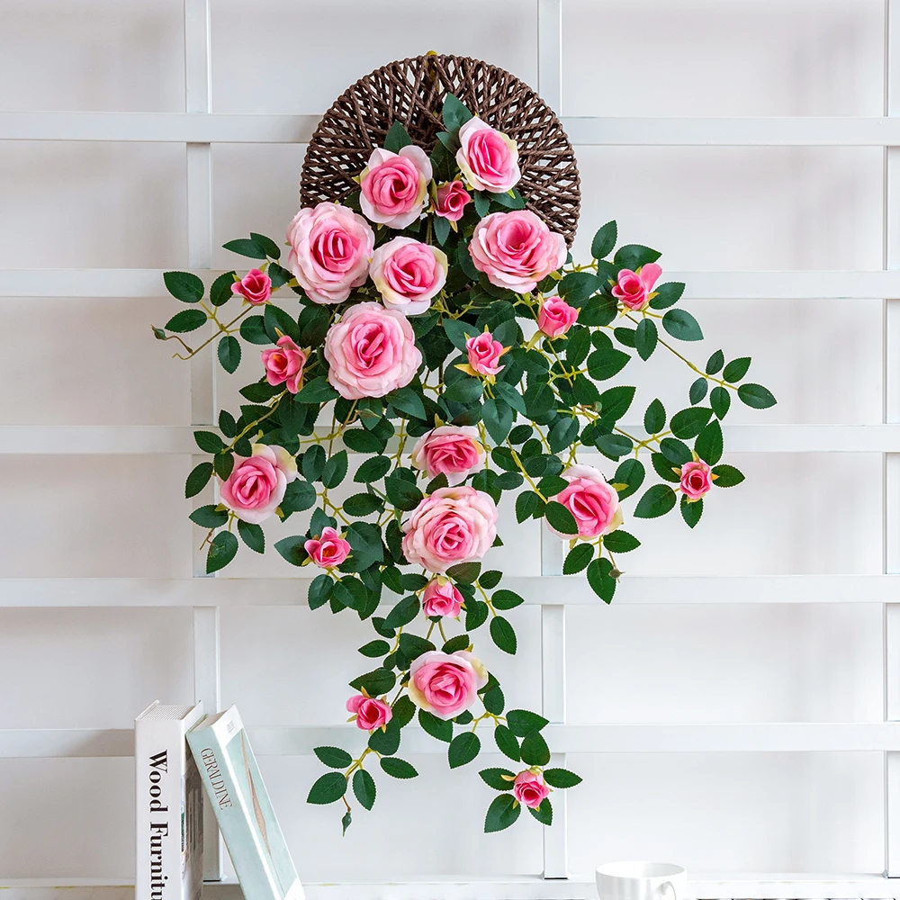 仿真吊花装饰绢布植物挂墙假花墙壁墙上吊兰吊篮藤蔓壁挂花藤玫瑰