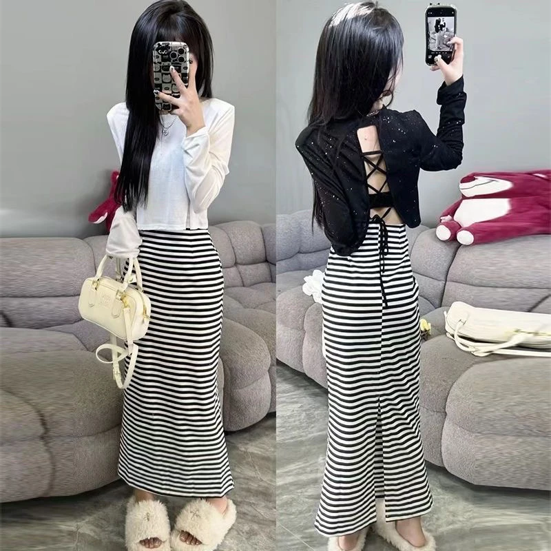 2024夏季中大女童包臀裙条纹开叉长裙显瘦洋气百搭半身中长裙子