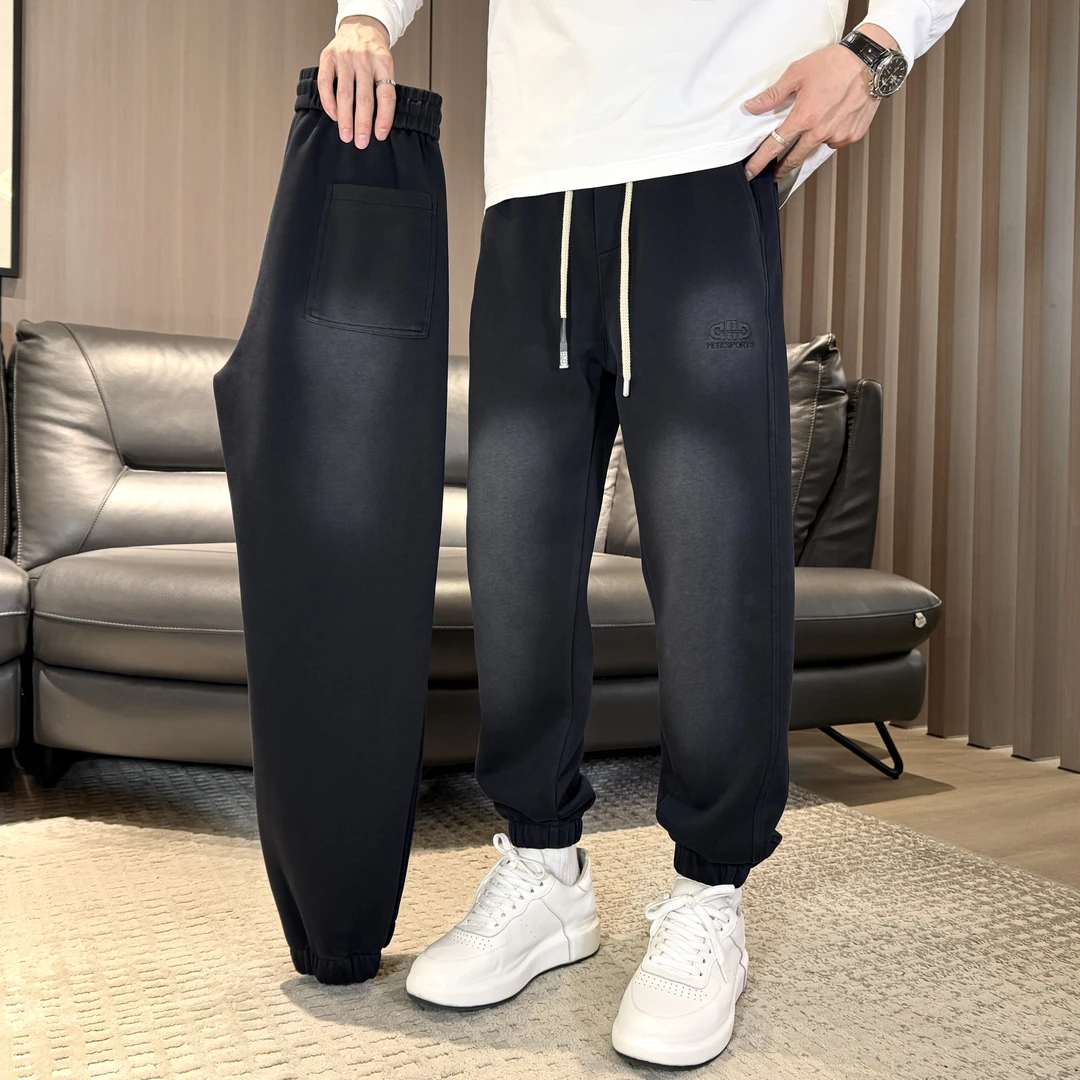 1280#秋冬季新款水洗针织休闲裤复古做旧加绒加厚宽松百搭束脚裤