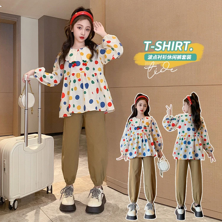 2025新款春秋季女童波点衬衫休闲裤时尚百搭洋气韩版长袖时尚长裤