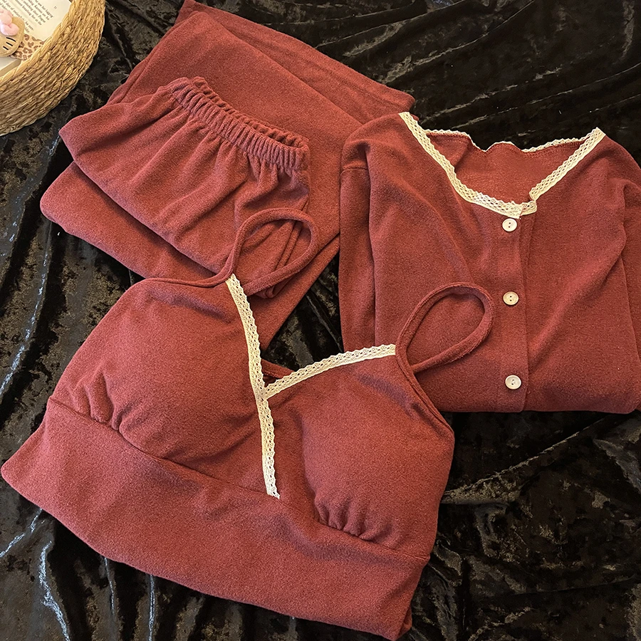 Sin Glee 法式蕾丝边复古德绒睡衣女2025秋季软糯亲肤居家三件套