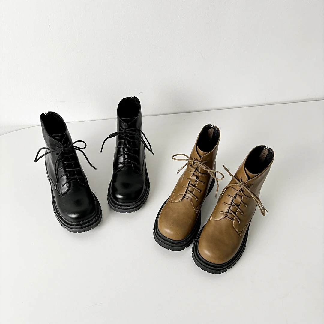 【断码清仓】牛皮/跟高4.5cm/系带秋冬英伦风马丁靴短筒骑士靴女鞋