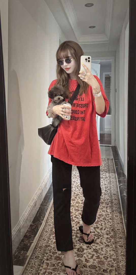 潮流印花宽松显瘦中长款短袖T恤688