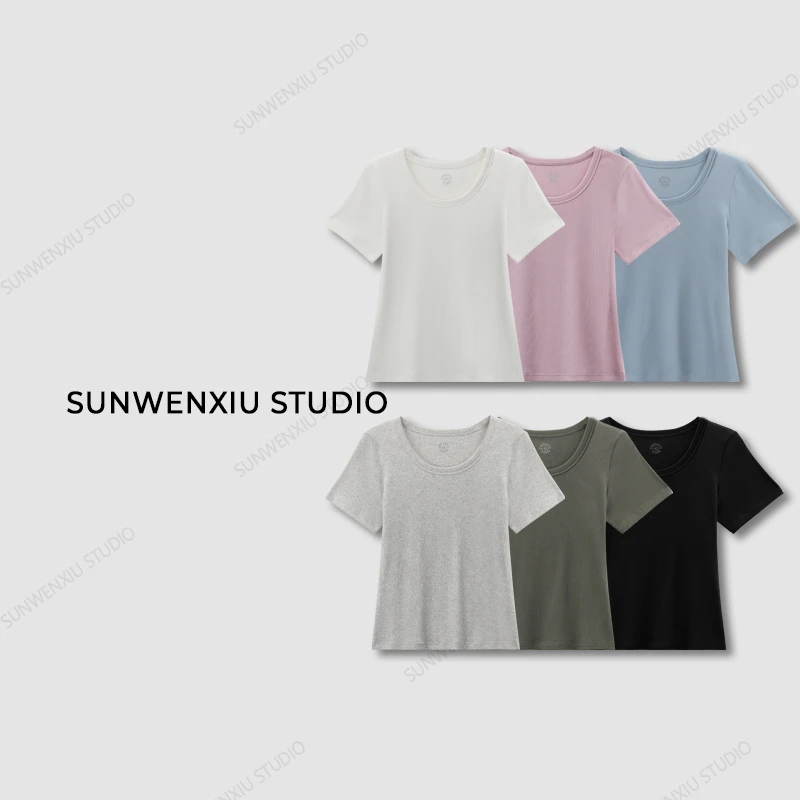 swx studio3店 “四季打底”日本天丝精棉多色高弹大领口短袖T恤