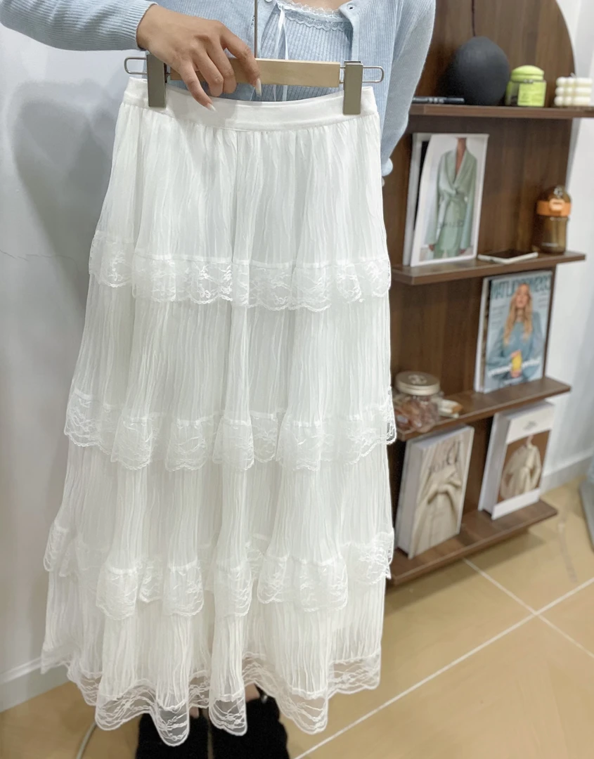2025春季新款韩系简约蕾丝蛋糕半身裙