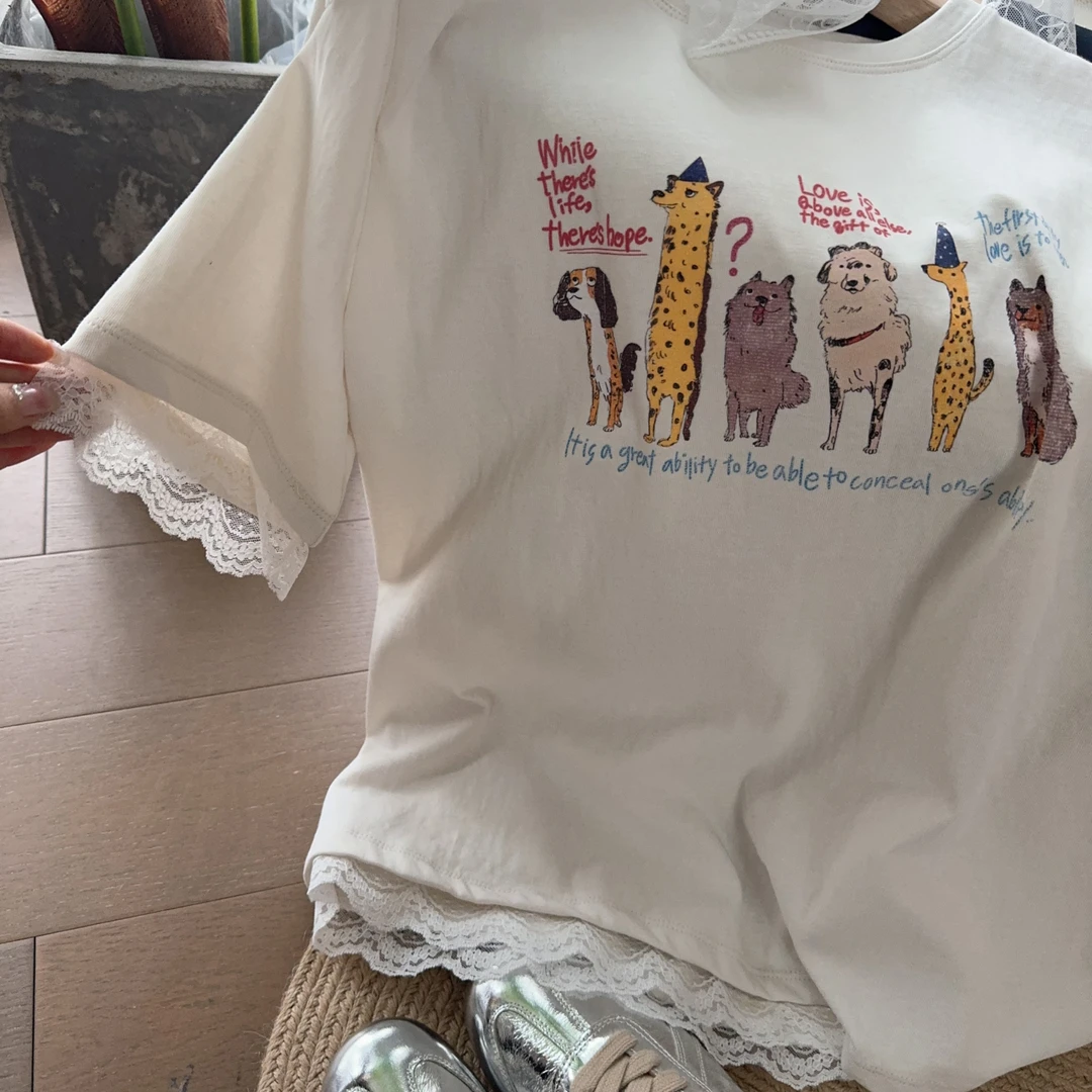 蕾丝印花森系宽松短袖插肩袖T恤韩版家居服半袖女款舒适1026