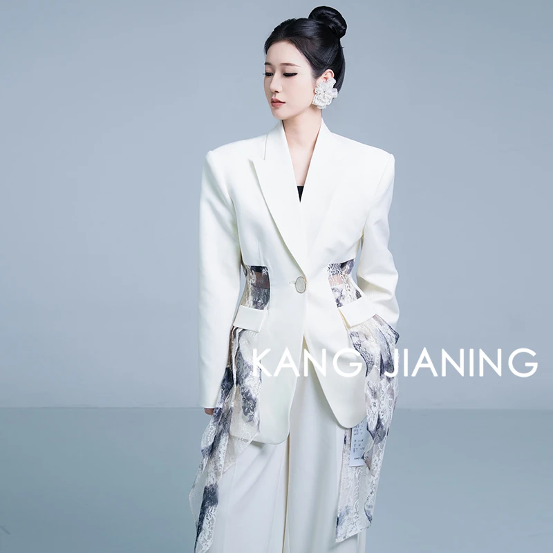 【蓝蒂蔻精选】25春夏蕾丝拼接撞色收腰镂空国风西装外套女KX25S285