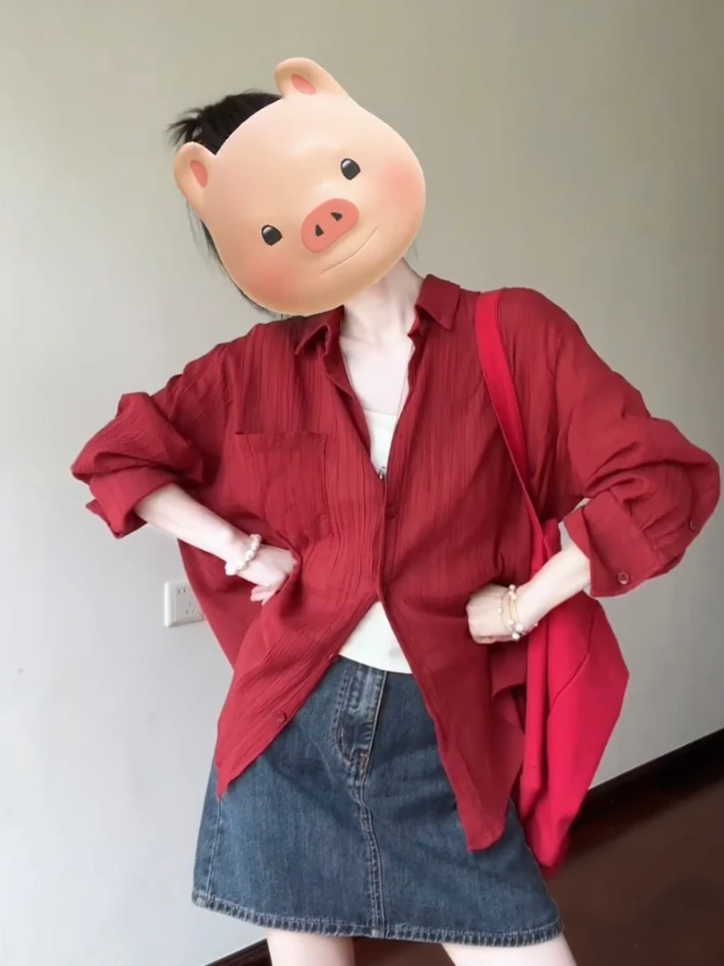 红色衬衫女秋季2025新款薄款宽松慵懒风早秋防晒衬衣外套穿搭上衣