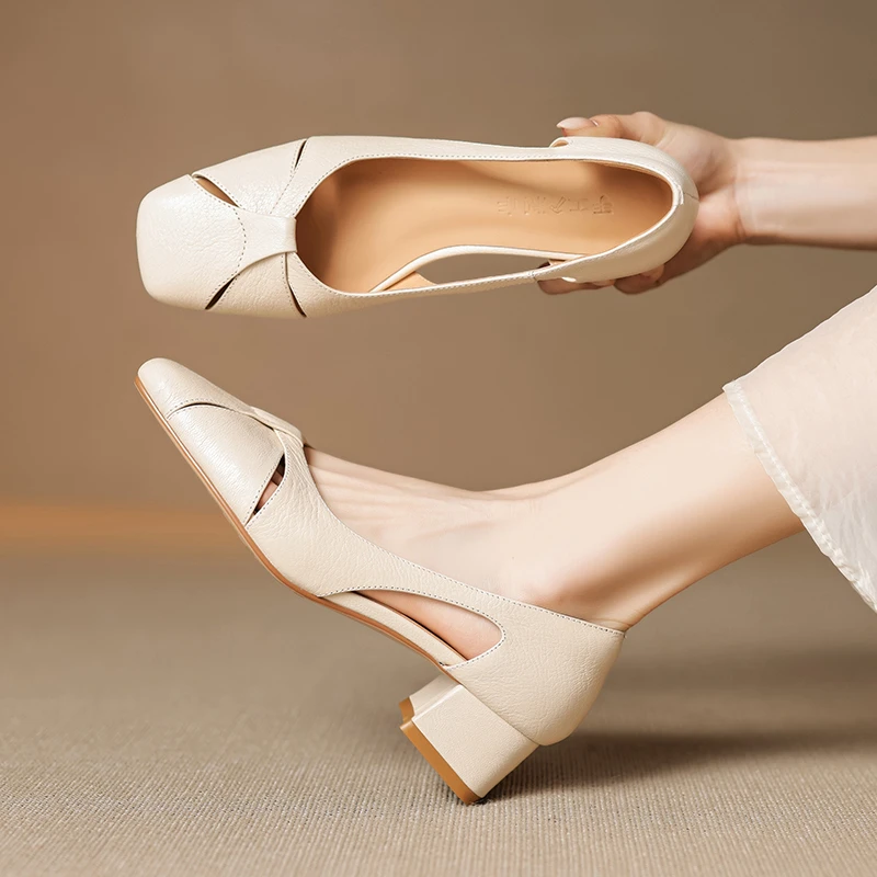 法式复古镂空包头凉鞋女2025新款夏真皮方头浅口单鞋粗中跟小皮鞋