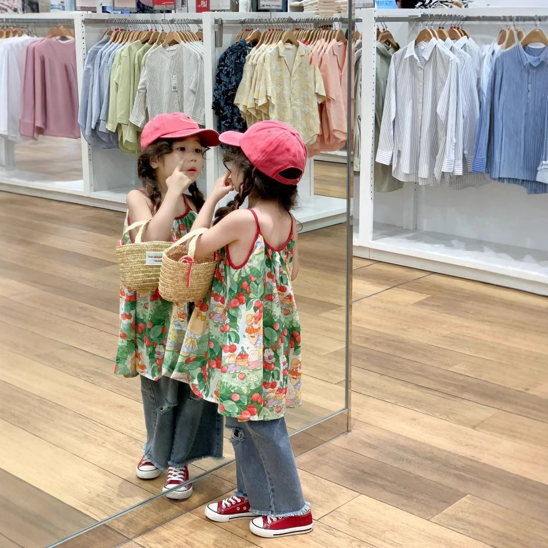 韩国童装女童裙子夏季田园叠穿樱桃碎花吊带裙新款海边度假连衣裙