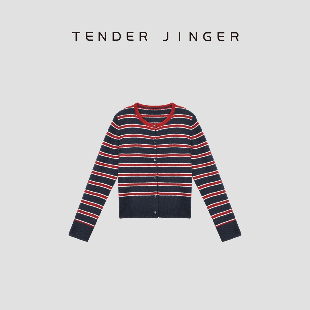 Tender Jinger｜经典条纹撞色异型扣丝羊绒开衫上衣T53NJJ50142
