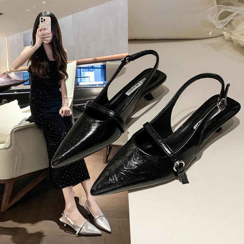 低帮系扣中跟女纯色尖头时装凉鞋气质网红夏季细跟