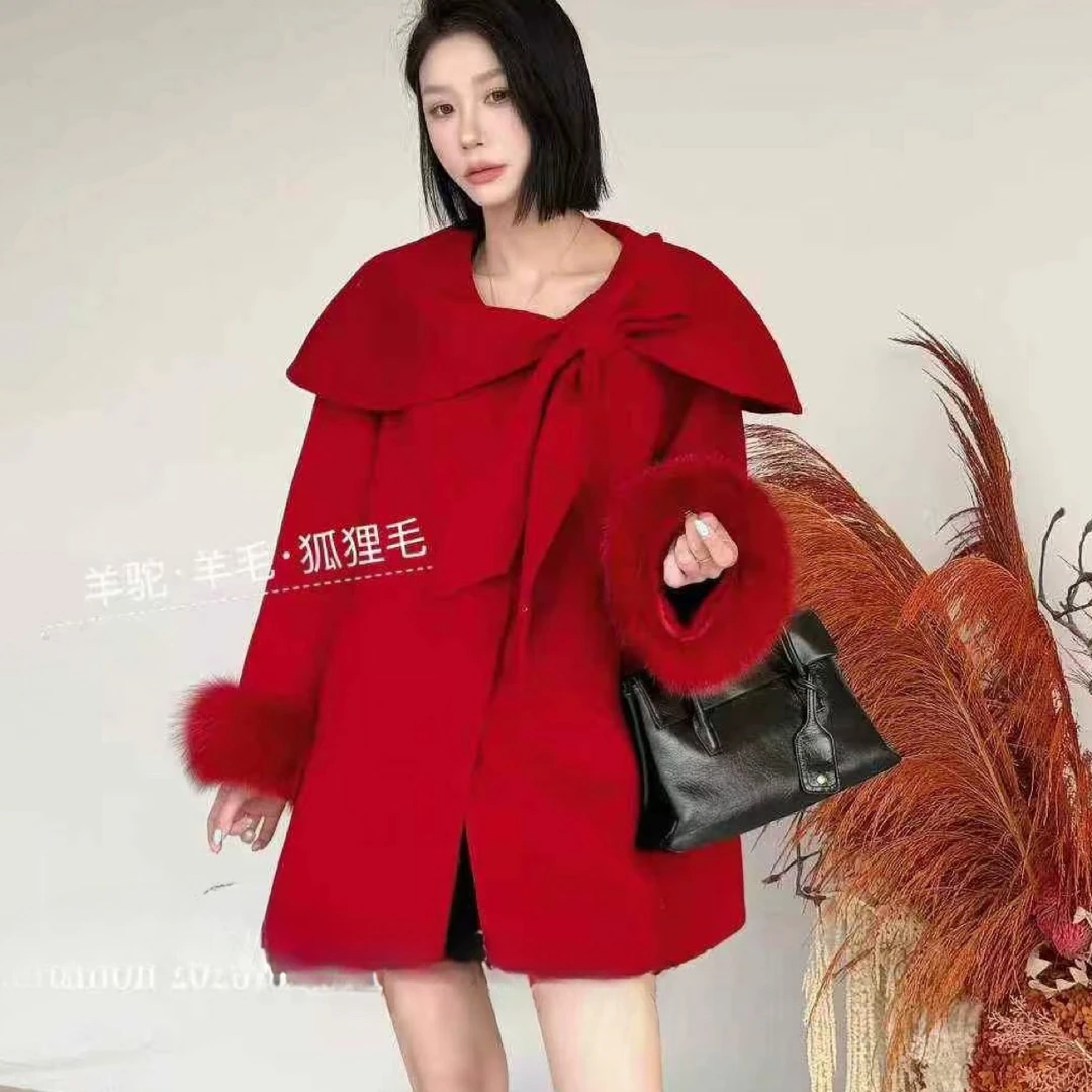 2025欧货狐狸毛袖双面呢大衣(配可拆卸真狐狸毛毛袖)