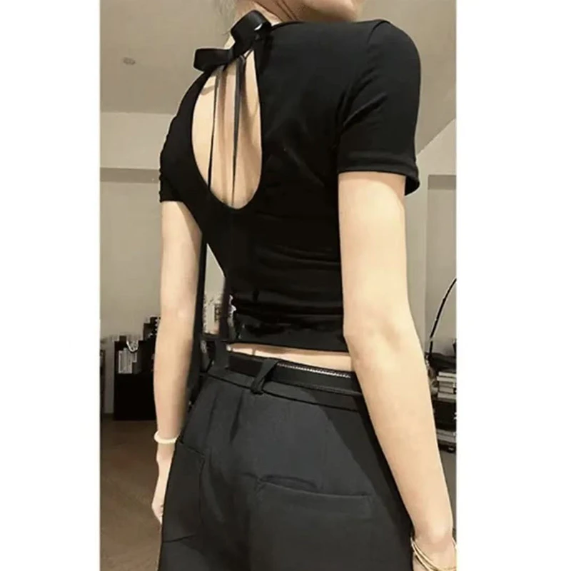 松弛感蝴蝶结纯欲风露背修身显瘦正肩上衣夏季新款短款T恤女